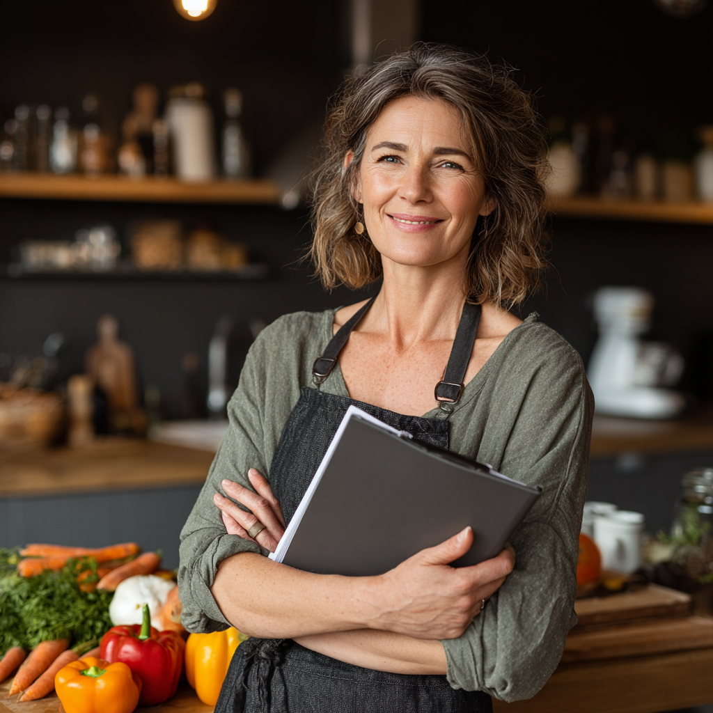 Happy middle-aged woman in her 40s holding a healthy meal plan in a modern kitchen, smiling confidently while preparing nutritious food