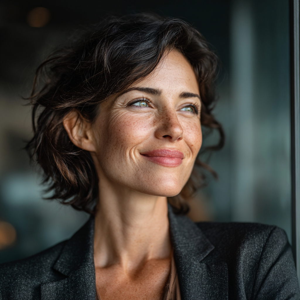 Professional middle-aged woman in her late 40s with short dark hair, wearing business attire, smiling warmly in an office setting, representing successful lifestyle transformation